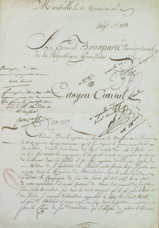 NAPOLÉON Ier (1769-1821). Pièce signée "Bonaparte", encre sur papier, 2 pages recto-verso sur un grand feuillet in-folio (ca. 380 x 240 mm), située et datée Marseille 18. Nivose an 10e (=8 janvier 1802), adressée "Au Général Bonaparte, Premier Consul de la République Française". Traces de pliures, encadré (non examiné hors du cadre). Provenance: Cachet rouge au recto "Secrét.at Part.er" ainsi que des numéros de registre.