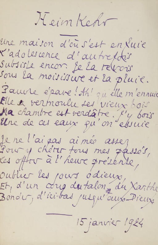 LOUYS, Pierre. Derniers vers. 10 poèmes autographes dont 2 paraphés P.L. et 6 datés entre le 15 janvier et le 11 mars 1924. 10 feuillets (environ 349 x 228 mm ou 310 x 202 mm), encre violette, quelques corrections (marges usées avec quelques déchirures).