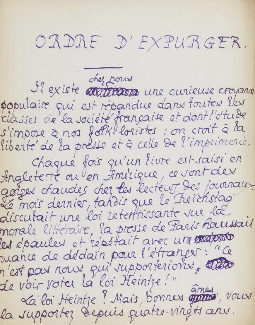 LOUYS, Pierre. Réunion de 7 textes autographes, la plupart inédits. S.d. Encre violette ou brune sur papier in-8 ou in-12, certains avec corrections.