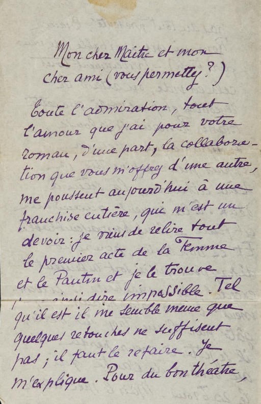 FRONDAIE, René Fraudet, dit Pierre (1884-1948). 50 lettres et cartes postales autographes signées adressées à Pierre Louÿs relatives à l'adaptation au théâtre de La Femme et le Pantin entre 1909 et 1913, encre violette ou brune sur papiers de formats divers in-8 ou in-12, souvent avec les enveloppes.