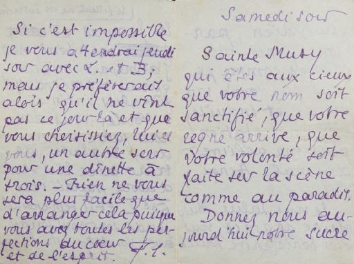 MUSIDORA, Jeanne Roques, dite (1889-1957). Lettre autographe à Pierre Louÿs. S.d. 3 pages sur un feuillet (267 x 180 mm) replié à en-tête du "3, rue du général Langlois". Encre brune. Datée "mardi. 2h matin". [Avec:] --LOUYS, Pierre. Lettre autographe signée P.L. à Musidora. S.d. 4 pages in-12 sur un feuillet (217 x 163 mm) replié, enveloppe. Encre violette.