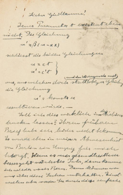 EINSTEIN, Albert. Carte postale autographe signée, adressée à E[douard]. Guillaume, datée et située (cachet postal) Berlin 9.10.[19]17.