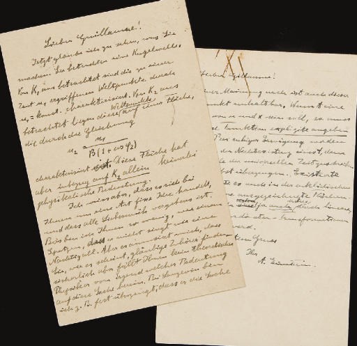 EINSTEIN, Albert. Deux cartes postales autographes signées, adressées à É[douard]. Guillaume, datées et situées (cachet postal) Berlin 24.10.1917 et 29.12.1920.