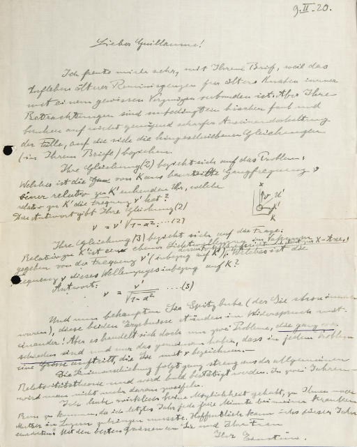 EINSTEIN, Albert. Lettre autographe signée, adressée à Édouard Guillaume, datée 9.II.[19]20, encre sur papier, une page in-4 (277 x 227 mm) avec texte et formules. (Perforée en marge gauche avec atteinte à deux lettres, traces de pliures, marge droite endommagée.)