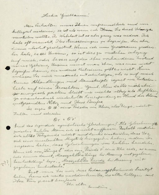 EINSTEIN, Albert. Lettre autographe signée, adressée à Édouard Guillaume, avec son enveloppe datée (cachet postal) 5.7.[19]20, une page in-4 (265 x 212 mm) provenant d'un bloc, avec texte accompagné d'une petite formule. (Perforée en marge gauche, traces de pliures.)