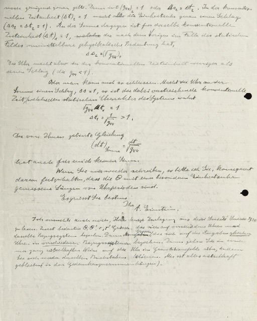 EINSTEIN, Albert. Lettre autographe signée, adressée à Édouard Guillaume, encre sur papier, 2 pages sur un feuillet in-4 (267 x 215 mm) provenant d'un bloc, datée 31.VII.[19]20, avec texte et formules. (Perforée, traces de pliures.)