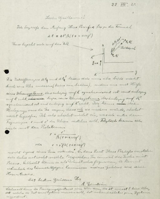 EINSTEIN, Albert. Lettre autographe signée, adressée à Édouard Guillaume, encre sur papier, une page in-4 (267 x 215 mm) provenant d'un bloc, datée 22.VIII.[19]20, avec texte et formules. (Perforée, traces de pliures.)