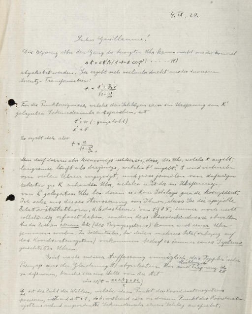 EINSTEIN, Albert. Lettre autographe signée, adressée à Édouard Guillaume, encre sur papier, une page et demie in-4 (267 x 215 mm) avec texte et formules, datée 4.IX.[19]20, provenant d'un bloc, avec son enveloppe. (Perforée, traces de pliures.)