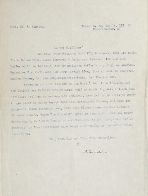 EINSTEIN, Albert. Lettre tapuscrite, signée, adressée à Édouard Guillaume, une page in-4 (290 x 222 mm), datée et située Berlin, 16.XII.[19]20, avec son enveloppe. (Traces de pliures, marge droite endommagée.)