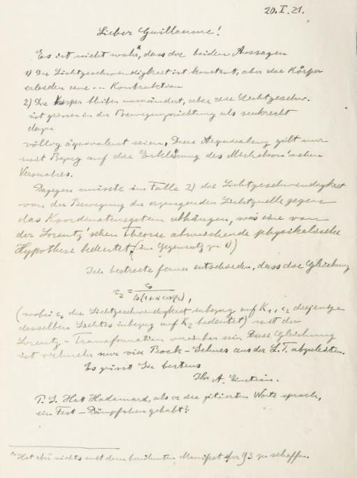 EINSTEIN, Albert. Lettre autographe signée, adressée à Édouard Guillaume, encre sur papier avec texte et formules, une page in-4 (283 x 213 mm), datée 20.I.[19]21. (Traces de pliures, petite déchirure en marge gauche.)