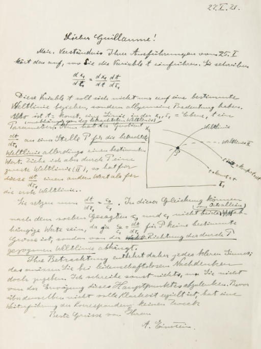 EINSTEIN, Albert. Lettre autographe signée, adressée à Édouard Guillaume, une page in-4 (283 x 213 mm) avec texte, formules et diagramme, datée 27.I.[19]21, avec son enveloppe. (Traces de pliures.)