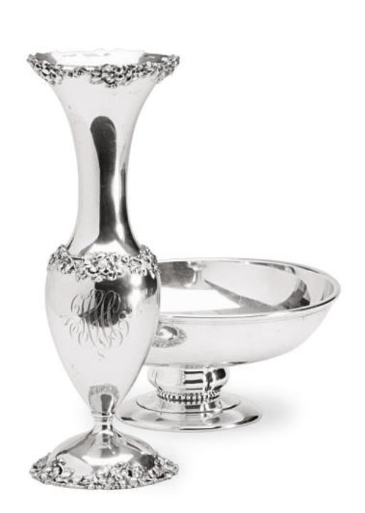 TWO SILVER CENTER BOWLS AND AN AMERICAN SILVER BALUSTER VASE,