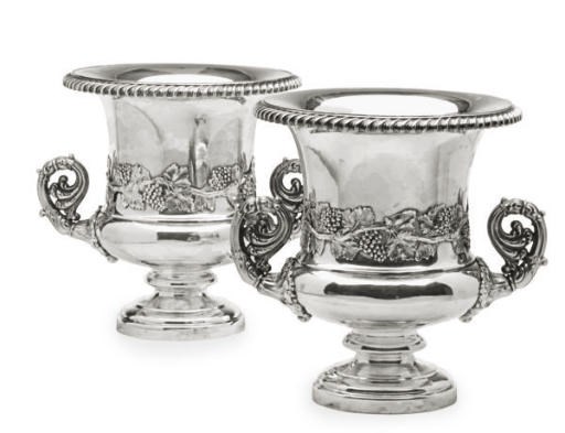 A PAIR OF SHEFFIELD PLATE WINE COOLERS,