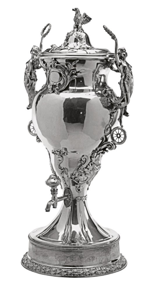 A LARGE AMERICAN SILVER TEA URN AND COVER,