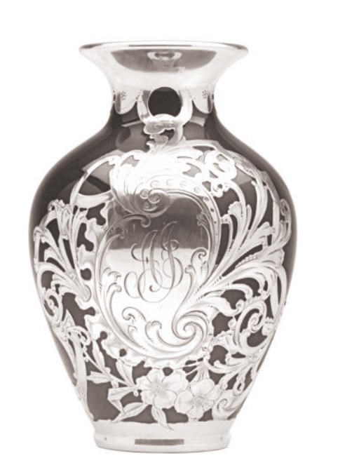AN AMERICAN POTTERY VASE WITH SILVER OVERLAY,