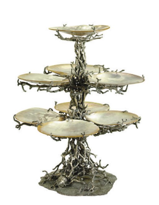 A SILVER-PLATED AND SHELL CORAL FORM CENTERPIECE,