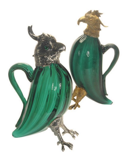 A SPANISH SILVER-MOUNTED GREEN GLASS CLARET JUG AND A SIMILAR GILT-METAL CLARET JUG,