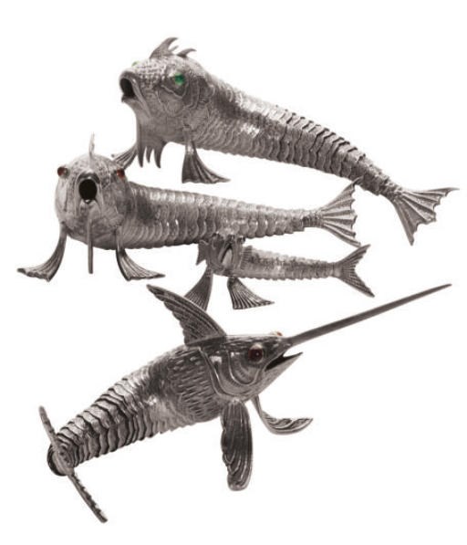 A GROUP OF FIVE SILVER RETICULATED MODELS OF FISH AND TWO SILVER-PLATED MODELS OF FIGHTING ROOSTERS,