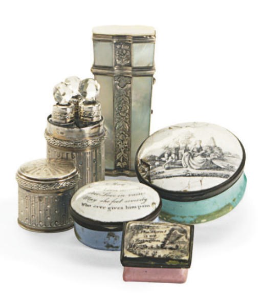 A LARGE GROUP OF ENGLISH, CONTINENTAL, AND AMERICAN ENAMELED BOXES WITH HINGED COVERS, SEWING KITS, AND NECESSAIRES,**