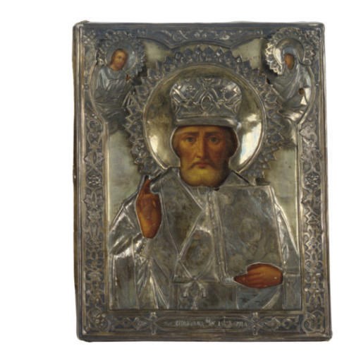 A RUSSIAN SILVER-MOUNTED ICON OF SAINT NICHOLAI THE MIRACLE WORKER,