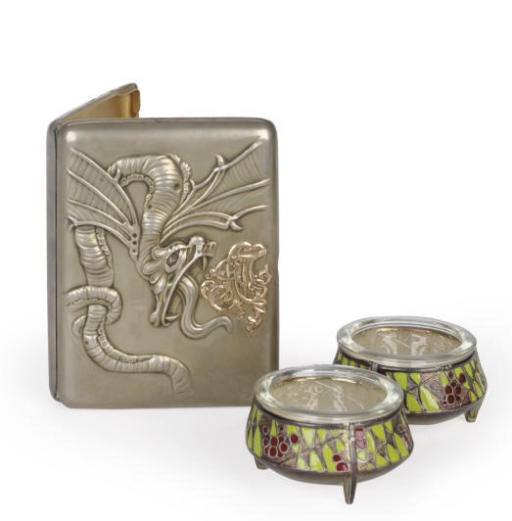 A RUSSIAN SILVER CIGARETTE CASE AND TWO SOVIET ERA CLOISONNÉ ENAMELED SALT CELLARS,