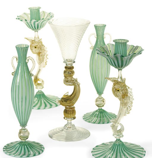A PAIR OF VENETIAN GLASS DOLPHIN-FORM CANDLESTICKS, A PAIR OF VENETIAN GLASS BUD VASES, AND AN AMERICAN STUDIO GLASS DOLPHIN-FORM GOBLET,