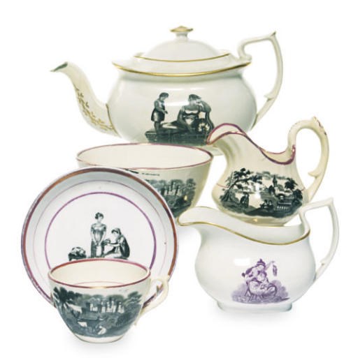 AN ASSEMBLED ENGLISH PORCELAIN LUSTERWARE PART TEA SERVICE WITH SCENES PAINTED EN GRISAILLE,