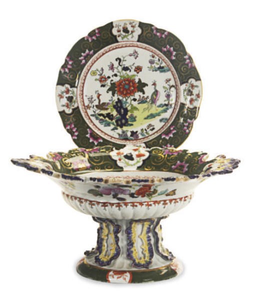 AN ENGLISH IRONSTONE GREEN-GROUND CHINOISERIE PART DESSERT SERVICE,
