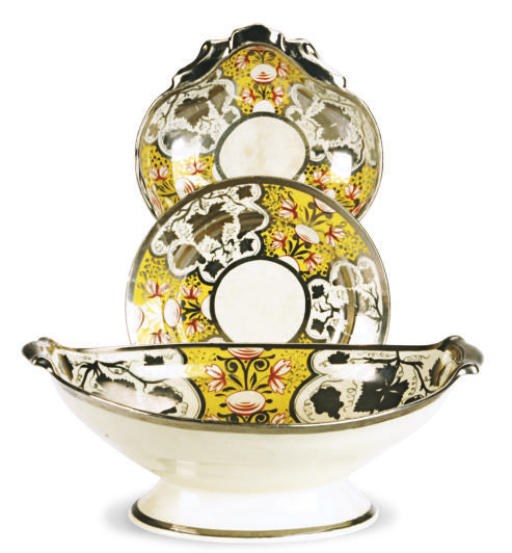 AN ENGLISH YELLOW GROUND AND SILVER LUSTER PART DESSERT SERVICE,