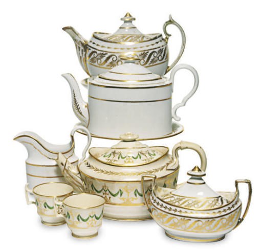 FOUR ENGLISH PORCELAIN GILT WHITE PART SERVICES,