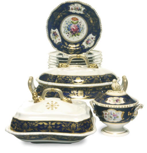 AN ASSEMBLED ENGLISH PORCELAIN COBALT-BLUE GROUND DINNER SERVICE,