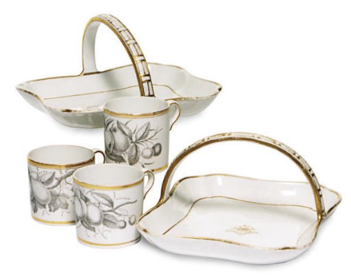 FIVE ENGLISH PORCELAIN GRISAILLE-DECORATED COFFEE-CANS AND TWO ENGLISH PORCELAIN RECTANGULAR BASKETS,