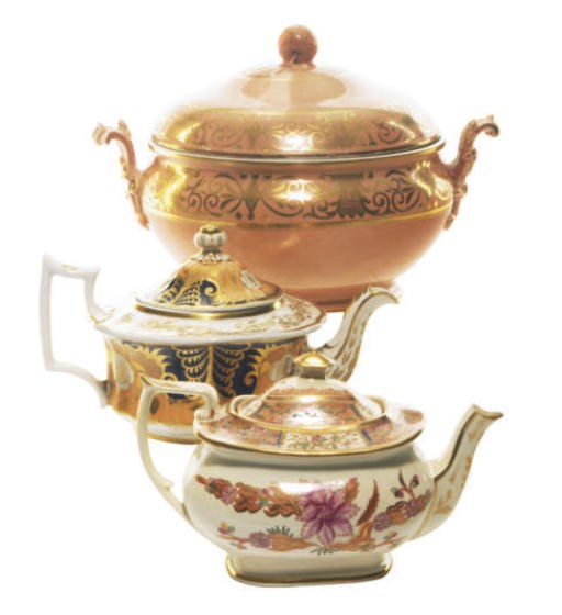 AN ENGLISH SALMON-GROUND PART DINNER SERVICE AND TWO ENGLISH APRICOT-GROUND PART TEA SERVICES,