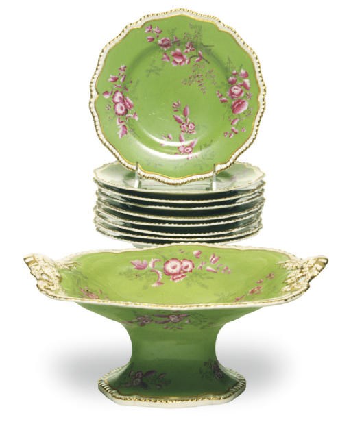 AN ENGLISH PORCELAIN LIME GREEN GROUND PART DESSERT SERVICE,