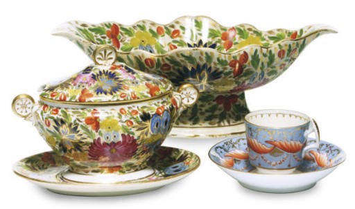 A SET OF ELEVEN ENGLISH PORCELAIN PALE BLUE GROUND TEA CUPS AND SAUCERS AND AN ENGLISH PORCELAIN FLOWER DECORATED PART SERVICE,