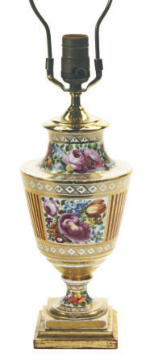 AN ENGLISH PORCELAIN ORANGE AND GOLD GROUND VASE MOUNTED AS A LAMP,