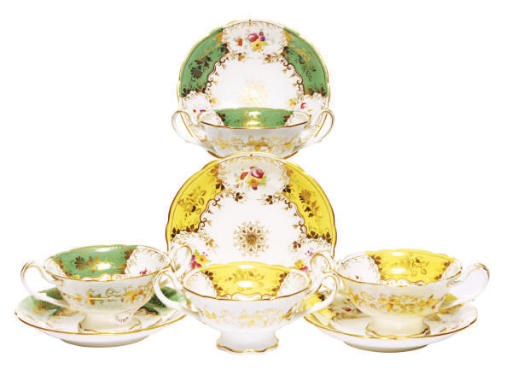 A SET OF TWELVE ENGLISH PORCELAIN TWO-HANDLED SOUP CUPS AND SAUCERS,