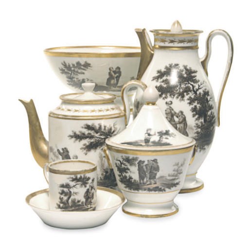 A PARIS PORCELAIN PART TEA SERVICE PAINTED EN GRISAILLE WITH FIGURES AFTER TENIERS,