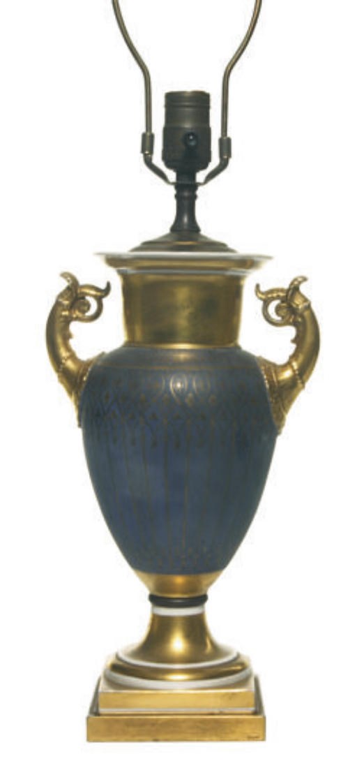 A PARIS PORCELAIN MATTE BLUE AND GOLD GROUND VASE MOUNTED AS A LAMP,