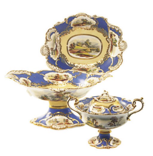 AN ENGLISH PORCELAIN ROCOCO REVIVAL PART DESSERT SERVICE,