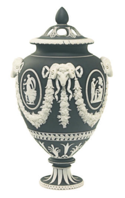 AN ENGLISH BLACK JASPERDIP POTPOURRI VASE AND COVER,