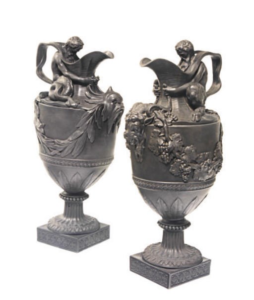 A PAIR OF WEDGWOOD BLACK BASALTES EWERS FOR WATER AND WINE, 'SCARED TO NEPTUNE AND BACCHUS'