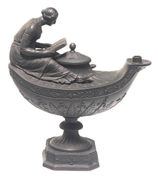AN ENGLISH BLACK BASALTES NEOCLASSICAL-STYLE OIL LAMP AND COVER,