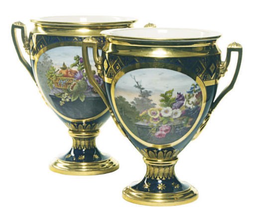 A PAIR OF PARIS PORCELAIN COBALT BLUE GROUND TWO-HANDLED FRUIT COOLERS AND LINERS,