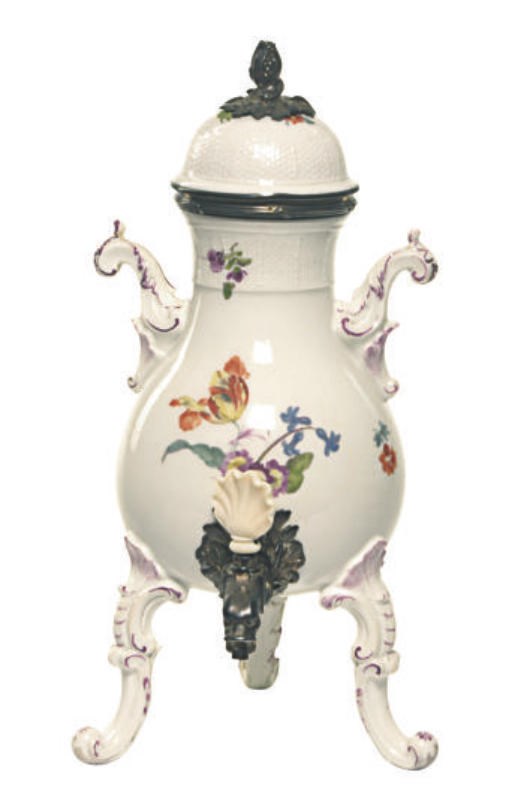A SILVER AND IVORY MOUNTED GERMAN PORCELAIN HOT WATER URN AND COVER,**