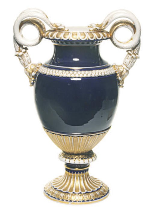 A GERMAN PORCELAIN COBALT BLUE AND GOLD GROUND SNAKE-HANDLED VASE,