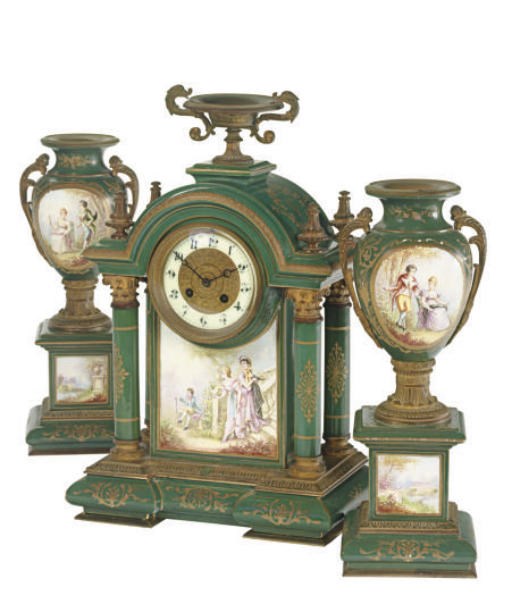 A GILT METAL MOUNTED SÈVRES-STYLE GREEN-GROUND CLOCK GARNITURE,