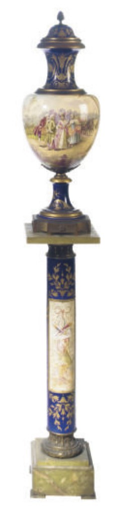 AN ASSEMBLED SÈVRES STYLE GILT METAL-MOUNTED COBALT BLUE GROUND PORCELAIN URN, COVER, AND PEDESTAL,