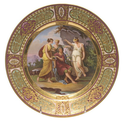 A VIENNA-STYLE PORCELAIN CLARET AND APPLE GREEN GROUND CABINET PLATE: ORPHEUS AND EURYDICE,
