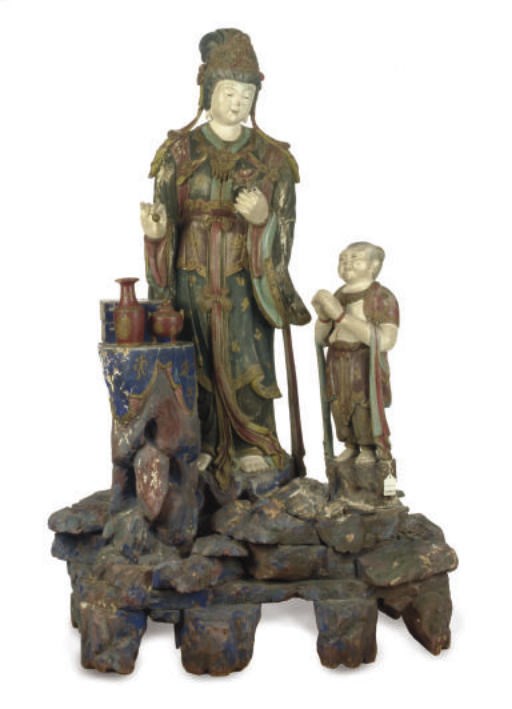 A CHINESE POLYCHROME PAINTED WOOD FIGURAL GROUP OF GUANYIN AND ACOLYTE,